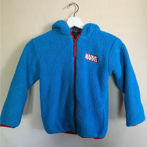 MARVEL Sherpa Reversible Jacket Coat Blue Hooded Boys Size 6 Hulk Spider-Man - Picture 3 of 9